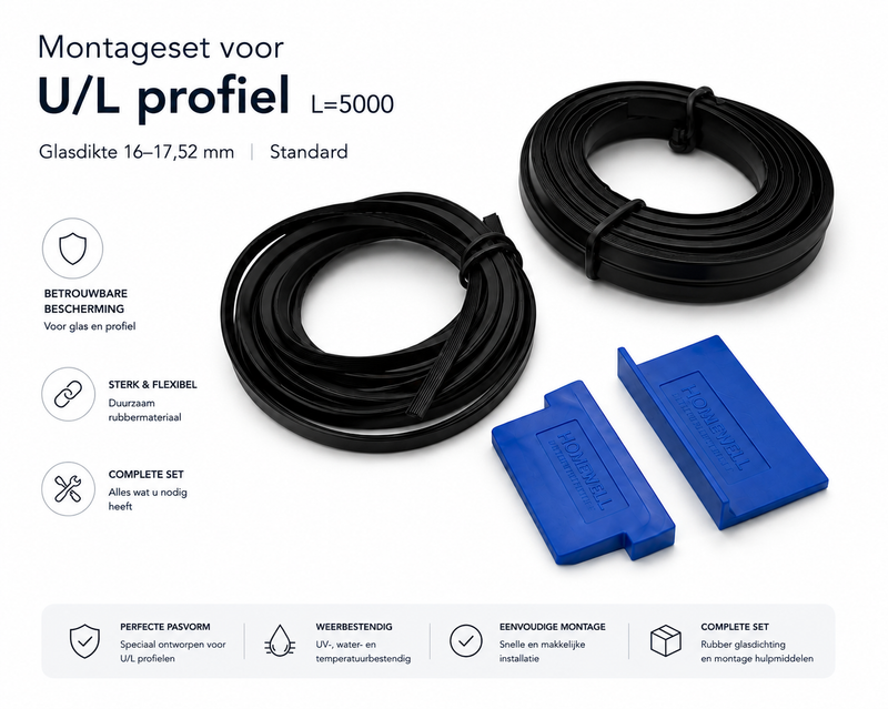 Montageset voor U/L-profielen van Glazen Balustrade – 5 m - Glasdikte 16–17,52 mm